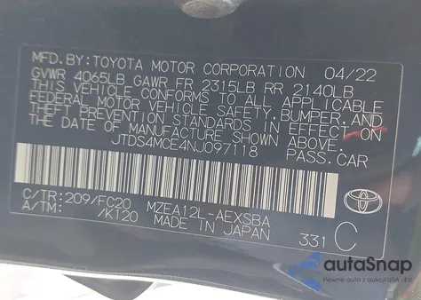 2022 Toyota Corolla Se из США, поврежденный, VIN JTDS4MCE4NJ097118